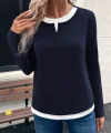 Kadın Uzun Kollu V Yakalı çift Renkli Viskon Iki Iplik Bluz