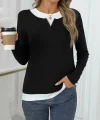 Kadın Uzun Kollu V Yakalı çift Renkli Viskon Iki Iplik Bluz