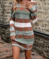 Kadın Uzun Kollu V Yakalı çizgili çok Renkli Triko Mini Elbise