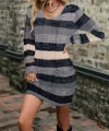Kadın Uzun Kollu V Yakalı çizgili çok Renkli Triko Mini Elbise