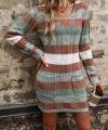 Kadın Uzun Kollu V Yakalı çizgili çok Renkli Triko Mini Elbise