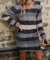 Kadın Uzun Kollu V Yakalı çizgili çok Renkli Triko Mini Elbise