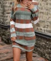 Kadın Uzun Kollu V Yakalı çizgili çok Renkli Triko Mini Elbise