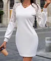 Kadın Uzun Kollu V Yakalı Dantelli Kısa Waffle Elbise