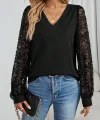 Kadın Uzun Kollu V Yakalı Dantelli Viskon Iki Iplik Bluz