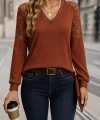 Kadın Uzun Kollu V Yakalı Dantelli Waffle Bluz