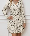 Kadın Uzun Kollu V Yakalı Desenli Kısa Keten Elbise