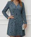 Kadın Uzun Kollu V Yakalı Desenli Kısa Keten Elbise