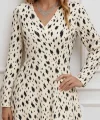 Kadın Uzun Kollu V Yakalı Desenli Kısa Keten Elbise