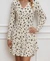 Kadın Uzun Kollu V Yakalı Desenli Kısa Keten Elbise