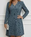 Kadın Uzun Kollu V Yakalı Desenli Kısa Keten Elbise