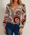 Kadın Uzun Kollu V Yakalı Desenli Süprem Bluz