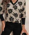 Kadın Uzun Kollu V Yakalı Desenli Süprem Bluz