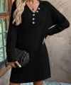 Kadın Uzun Kollu V Yakalı Düğmeli Mini Triko Elbise