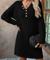 Kadın Uzun Kollu V Yakalı Düğmeli Mini Triko Elbise