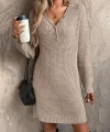 Kadın Uzun Kollu V Yakalı Düğmeli Mini Triko Taş Renkli Elbise