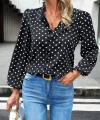 Kadın Uzun Kollu V Yakalı Fırfırlı Puantiyeli Krep Bluz