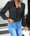 Kadın Uzun Kollu V Yakalı Fırfırlı Puantiyeli Krep Bluz