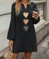 Kadın Uzun Kollu V Yakalı Kalp Desenli Mini Ithal Krep Elbise