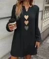 Kadın Uzun Kollu V Yakalı Kalp Desenli Mini Ithal Krep Elbise
