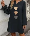 Kadın Uzun Kollu V Yakalı Kalp Desenli Mini Ithal Krep Elbise