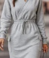 Kadın Uzun Kollu V Yakalı Kapşonlu Cep Detaylı şardonlu Iki Iplik Kısa Elbise
