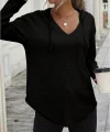 Kadın Uzun Kollu V Yakalı Kapşonlu Waffle Bluz