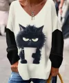 Kadın Uzun Kollu V Yakalı Kedi Baskılı şardonlu Dalgıç Bluz