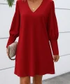 Kadın Uzun Kollu V Yakalı Kısa Ithal Krep Elbise