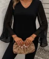 Kadın Uzun Kollu V Yakalı Kolları Ispanyol Detayı Sandy Bluz