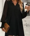 Kadın Uzun Kollu V Yakalı Kolları Tül Detay Kısa Krep Elbise