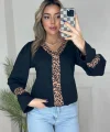 Kadın Uzun Kollu V Yakalı Leopar Detaylı Krep Bluz