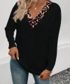 Kadın Uzun Kollu V Yakalı Leopar Detaylı Viskon Iki Iplik Bluz