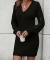 Kadın Uzun Kollu V Yakalı Mini Triko Elbise