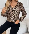 Kadın Uzun Kollu V Yakalı Modal Leopar Bluz