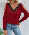 Kadın Uzun Kollu V Yakalı Omuzlardan Açık Sandy Bluz
