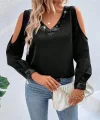 Kadın Uzun Kollu V Yakalı Omuzlardan Açık Sandy Bluz