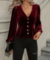 Kadın Uzun Kollu V Yakalı önden Düğmeli Kısa Kadife Bluz
