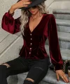 Kadın Uzun Kollu V Yakalı önden Düğmeli Kısa Kadife Bluz