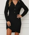 Kadın Uzun Kollu V Yakalı önden Düğmeli Kısa Triko Elbise