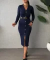 Kadın Uzun Kollu V Yakalı önden Düğmeli Yırtmaçlı Modal Midi Kemersiz Elbise