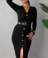 Kadın Uzun Kollu V Yakalı önden Düğmeli Yırtmaçlı Modal Midi Kemersiz Elbise