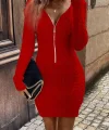 Kadın Uzun Kollu V Yakalı önden Fermuarlı Kısa Triko Elbise