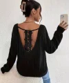 Kadın Uzun Kollu V Yakalı Pencere Sırt Dantel Detaylı Kalın Fitilli Kaşkorse Bluz