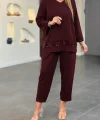 Kadın Uzun Kollu V Yakalı Pulpayet Viskon Iki Iplik Bluz Ve Pantolon Takım