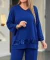 Kadın Uzun Kollu V Yakalı Pulpayet Viskon Iki Iplik Bluz Ve Pantolon Takım