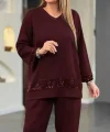 Kadın Uzun Kollu V Yakalı Pulpayet Viskon Iki Iplik Bluz Ve Pantolon Takım