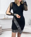 Kadın Uzun Kollu V Yakalı Pulpayetli Ithal Krep Mini Elbise