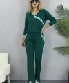 Kadın Uzun Kollu V Yakalı şerit Detaylı Viskon Iki Iplik Bluz Ve Pantolon Ikili Takım
