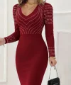 Kadın Uzun Kollu V Yakalı Taşlı Mini Ithal Krep Elbise